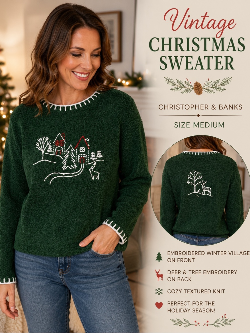 Vintage Christopher & Banks Christmas Sweater M Embroidered Winter Village Green